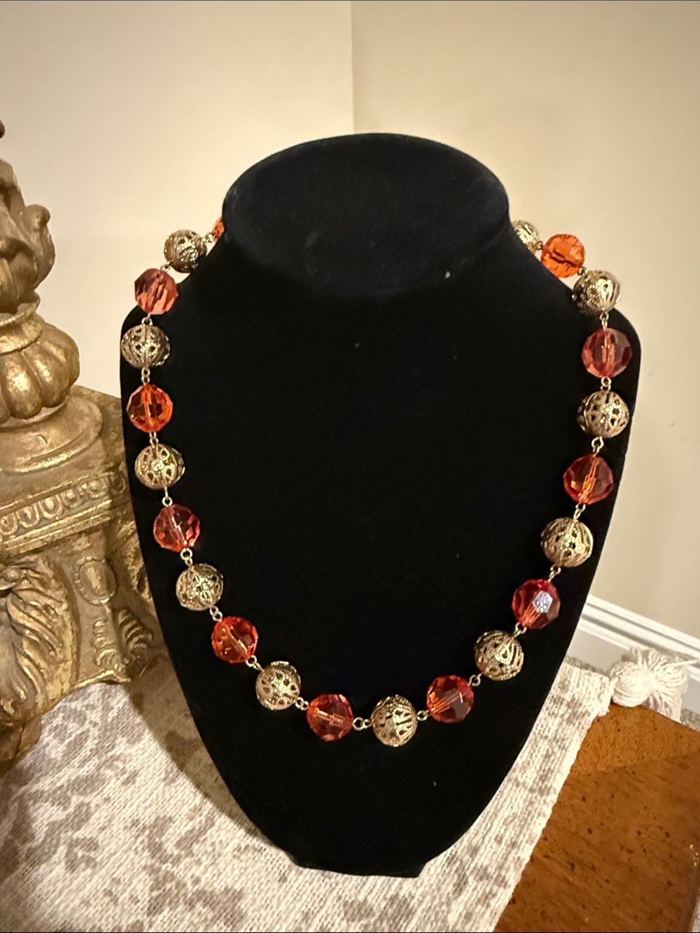 Gold Filigree and Amber Bead Necklace